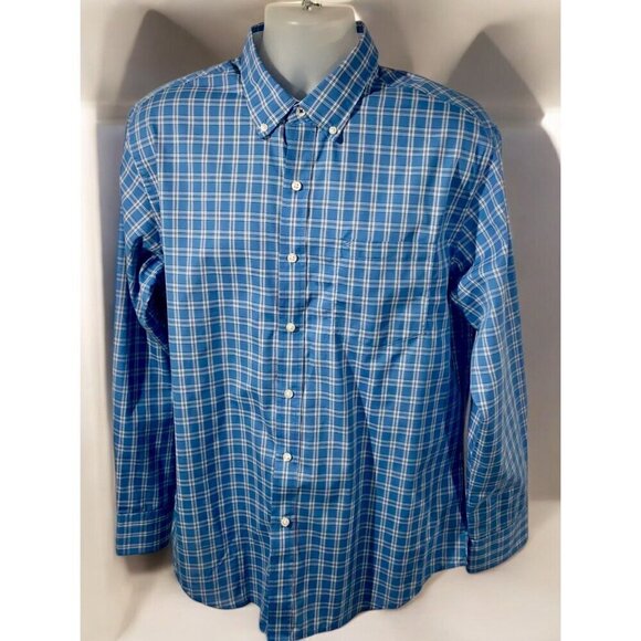 Izod Mens Blue Plaid Button Down Long Sleeve Shirt Contrasting Cuff Trim Large - Picture 2 of 7